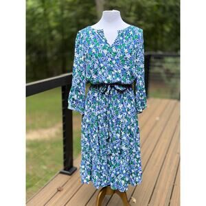 Talbots Floral Blue Midi Dress Size 12 Waist Tie Balloon Sleeves Spring Summer